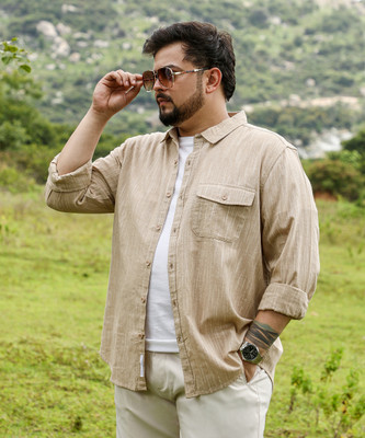 Instafab Plus Men Self Design Casual Beige Shirt