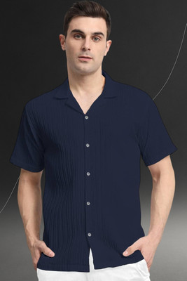 A DEEMOON TREND Men Striped, Self Design Casual Dark Blue Shirt