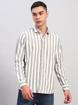 youth first Men Striped Casual Grey Shirt