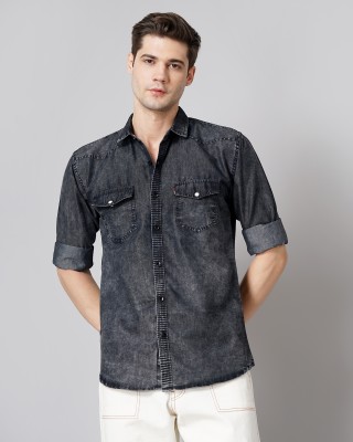 GRANDSTITCH Men Washed Casual Black Shirt