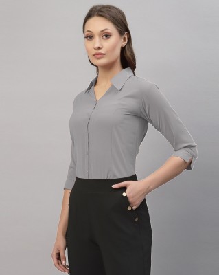 Brownverse Women Solid Formal Grey Shirt