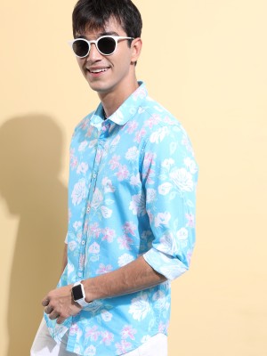 KETCH Men Floral Print Casual Light Blue Shirt