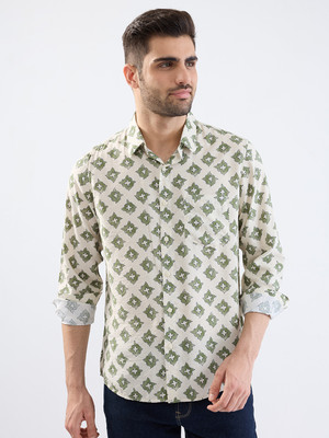 Spykar Men Printed Casual White, Green Shirt