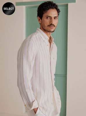 Andamen Men Striped Casual Beige Shirt