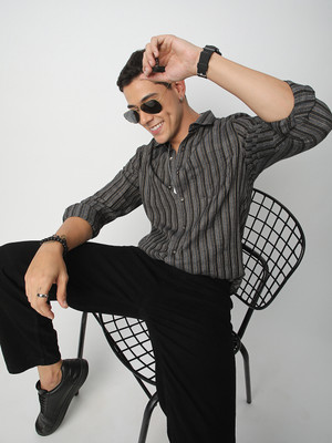 VASTRADO Men Striped Casual Black Shirt