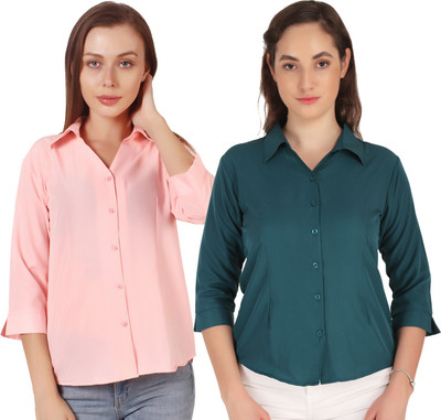 Hunoor Women Self Design Formal Green, Pink Shirt(Pack of 2)