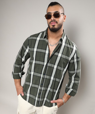 Instafab Plus Men Checkered Casual Dark Green Shirt