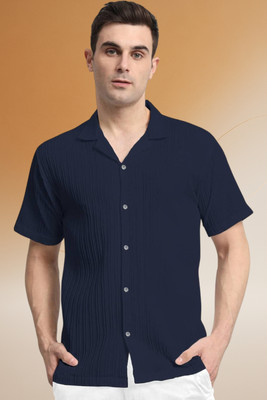 A DEEMOON TREND Men Self Design Casual Dark Blue Shirt