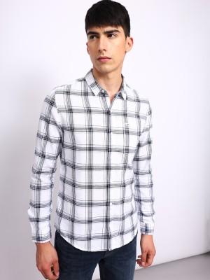 LEE Men Checkered Casual White, Black Shirt