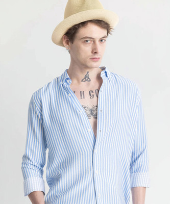U TURN Men Striped Casual Blue Shirt