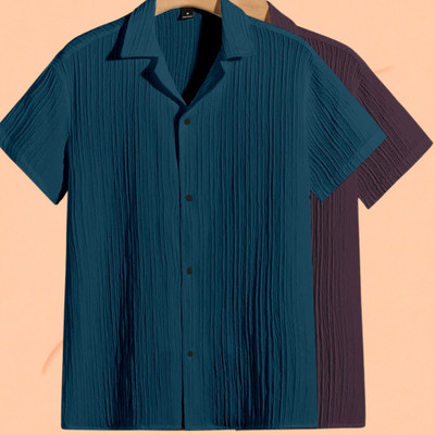 Jenil Fashion Men Self Design, Striped Casual Blue, Purple Shirt(Pack of 2)