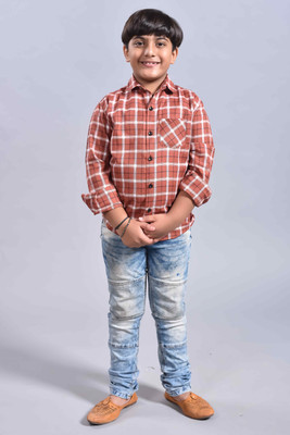 ANP BIHARIKA Boys Checkered Casual Orange Shirt