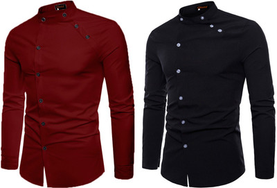 Qlonz Store Men Solid Casual Maroon, Black Shirt(Pack of 2)