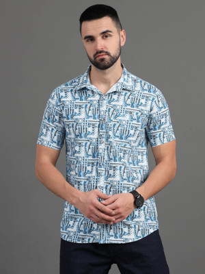 ZHAO Men Printed Casual Blue Shirt