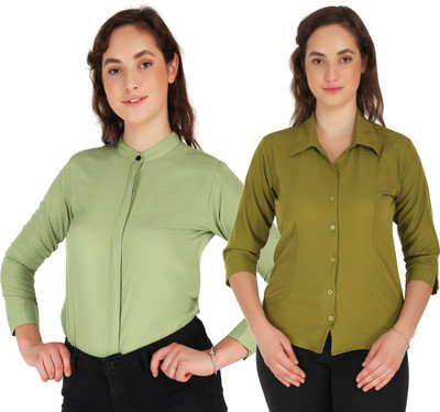 Mamnoon Women Self Design Formal Green, Light Green Shirt(Pack of 2)