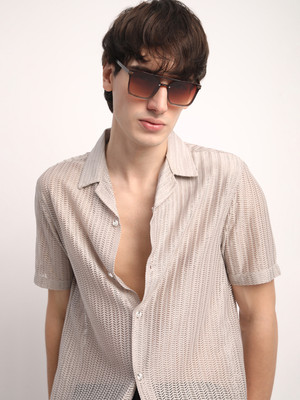 Voroxy Men Self Design Casual Beige Shirt