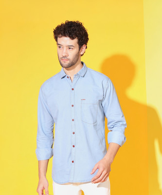 Deniyes Men Washed Casual Light Blue Shirt