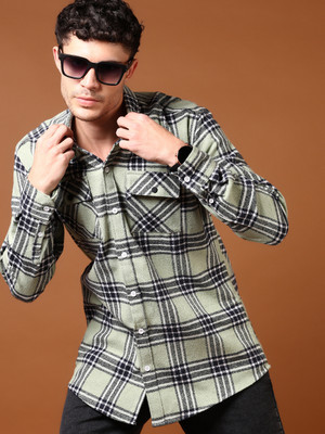 V-MART Men Checkered Casual Green Shirt