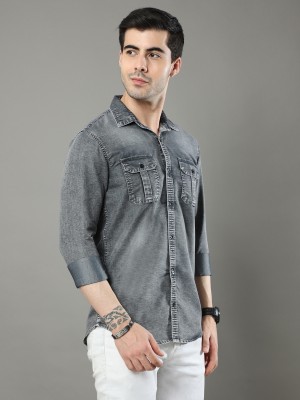 ZHAO Men Washed Casual Grey Shirt