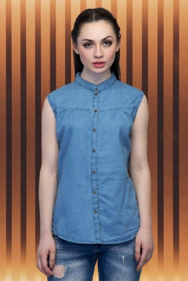 Wingzss Women Self Design Casual Blue Shirt