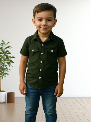 FASHION GRAB Boys Self Design Casual Dark Green Shirt