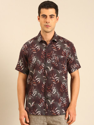 Linen Club Men Printed Casual Maroon, Beige Shirt