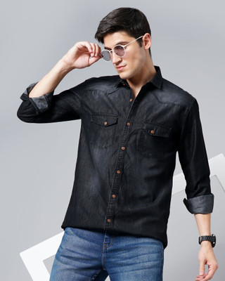 GRANDSTITCH Men Washed Casual Black Shirt