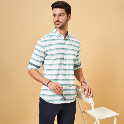 Byford by Pantaloons Men Striped Casual Light Green Shirt