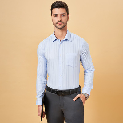 Peregrine by Pantaloons Men Striped Formal Light Blue Shirt