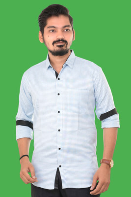 PUBHIZA Men Checkered Casual Light Blue Shirt