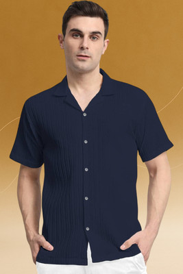 A DEEMOON TREND Men Self Design Casual Dark Blue Shirt