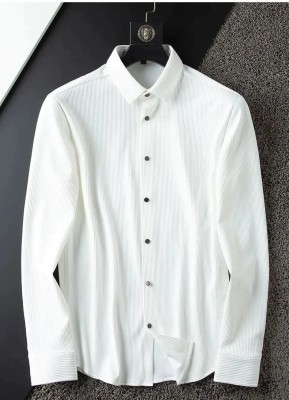 KASHTABHANJAN TEX Men Striped Casual White Shirt