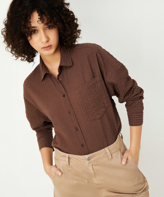 MAX Women Self Design Casual Brown Shirt