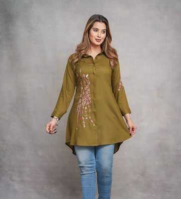 Myorica Women Embroidered Casual Light Green Shirt