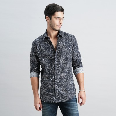 ROOKIES Men Printed Casual Dark Blue Shirt