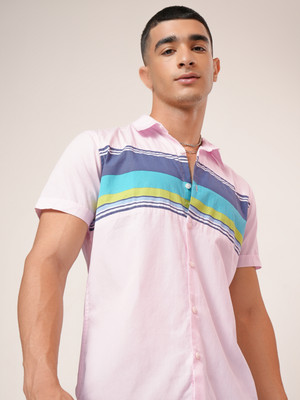HIGHLANDER Men Solid, Striped Casual Pink Shirt