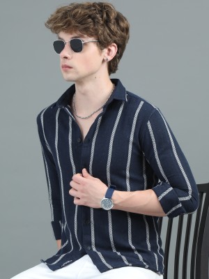 Paul Street Men Striped Casual Dark Blue Shirt