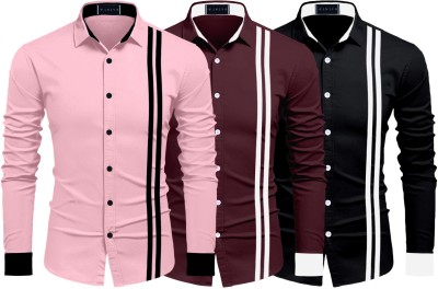 FINIVO FASHION Men Striped Casual Pink, Maroon, Black Shirt(Pack of 3)