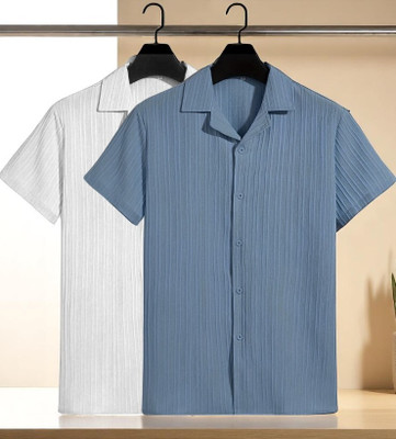 FUBACK Men Striped Casual Beige Shirt(Pack of 2)