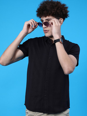 V-MART Men Self Design Casual Black Shirt