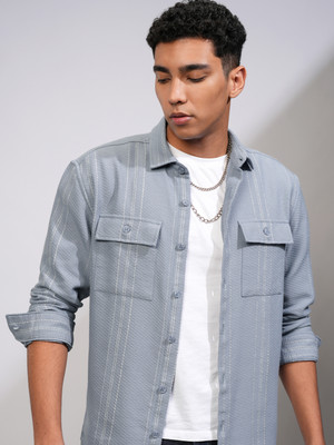 HIGHLANDER Men Striped Casual Blue Shirt