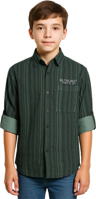 CAVIO Boys Striped Casual Dark Green Shirt