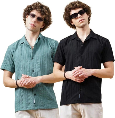 METRONAUT Men Self Design Casual Black, Green Shirt(Pack of 2)