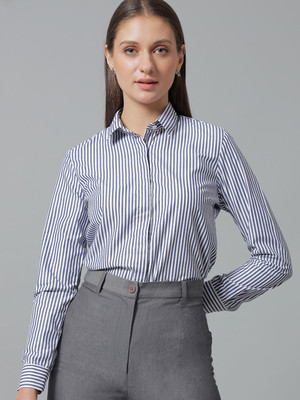 English Navy Women Striped Casual Dark Blue, White Shirt