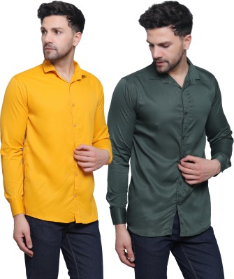 FILNECH Men Solid Casual Yellow, Green Shirt(Pack of 2)