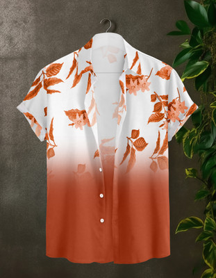 Le Pery Men Printed Casual White, Orange Shirt