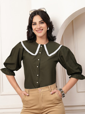 Style Quotient Women Solid Formal Light Green Shirt