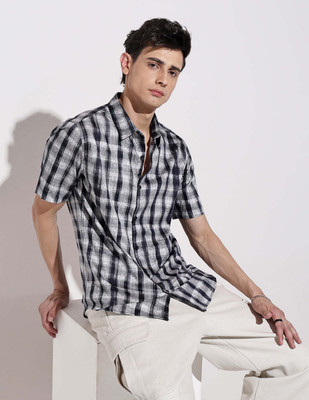 SHOWOFFFF Men Checkered Casual Dark Blue Shirt