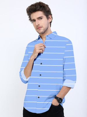 HEMAS LIFESTYLE Men Striped Casual Light Blue Shirt