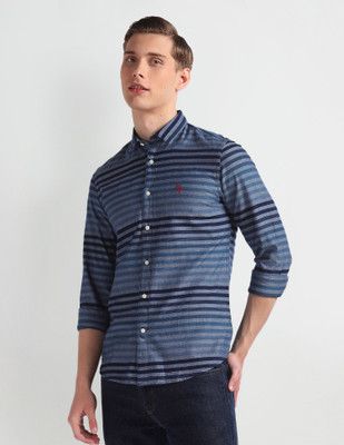 U.S. POLO ASSN. Men Striped Casual Grey, Light Blue, Dark Blue Shirt